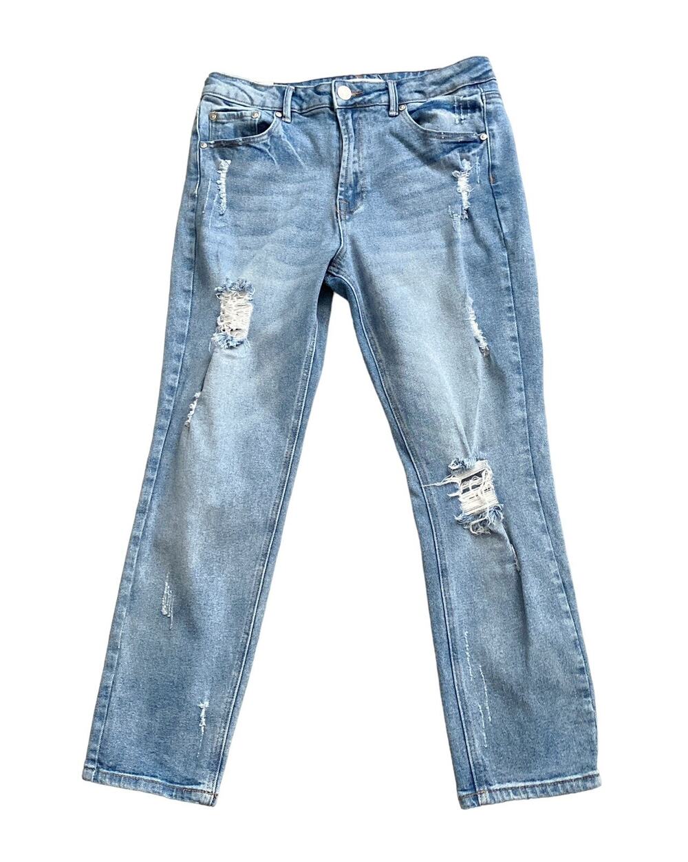 Almost Famous Blue Jeans Womens Size 9 High Rise Distressed Straight Cropped